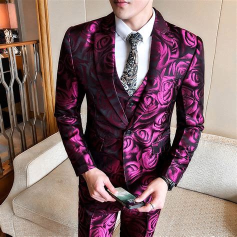 2018 Rose Suits Mens Burgundy Flowers Print Suits Purple Wedding Suits