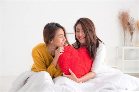 Asia Lesbian Lgbt Couple Holding Red Heart Pillow Together And S Stock
