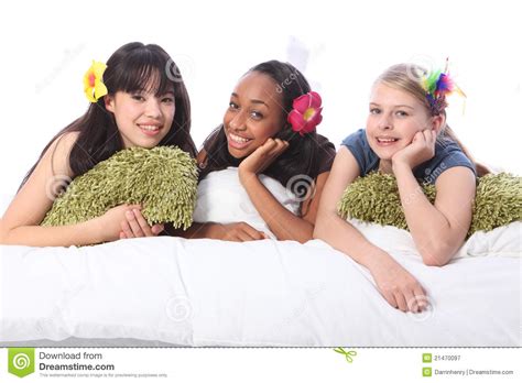 Teenage Girls Slumber Party With Hair Accessories Stock