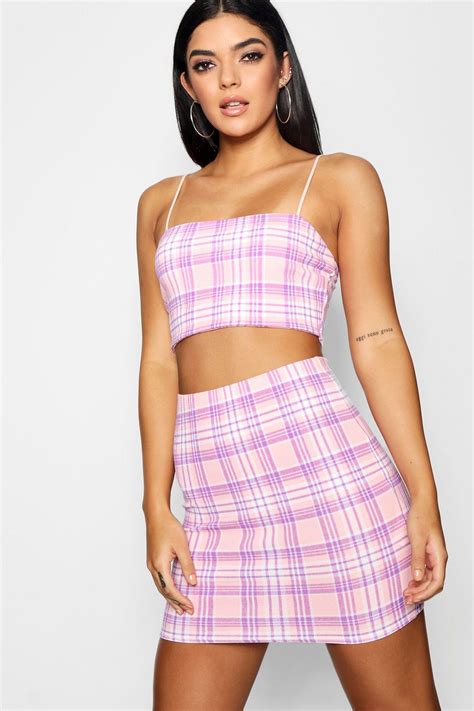 check strappy crop mini skirt co ord set boohoo crop top outfits