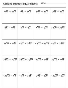 add  subtract square roots worksheet  kevin wilda teachers pay
