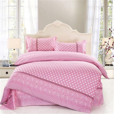 4pcs Twin Full Size White Polka Dot Comforter Sets Pink Bedding Girls