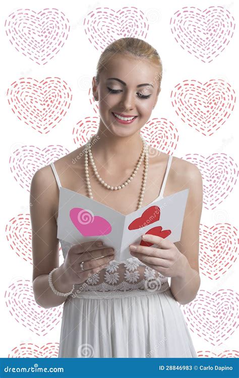blonde girl takes a valentine postcard stock image image of adult