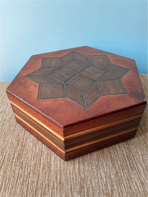 hexagonal carved wooden box  handmade vintage item  red etsy