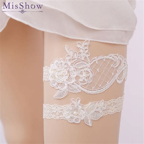 In Stock Cheap Sexy Appliques Pearl Wedding Leg Garter Belt Lace Ivory