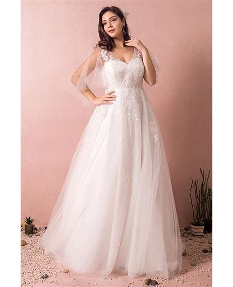 Plus Size Tulle Beach Wedding Dress Boho With Sleeves 2018 Mn8023