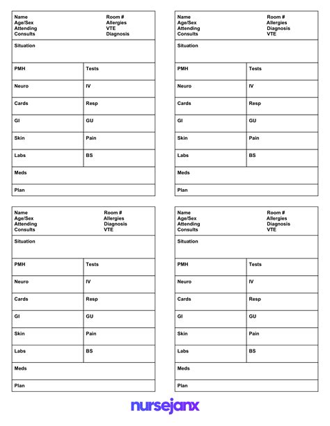 Brain Nursing Report Sheet 4 Patients Per Page