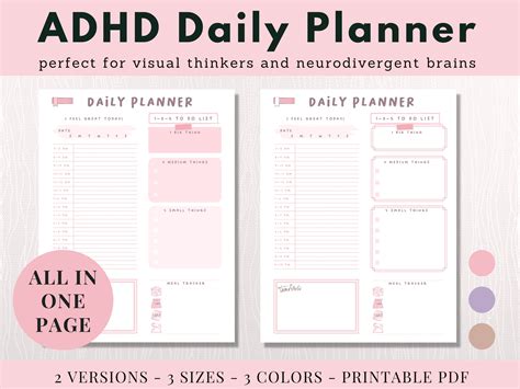 adhd daily planner printable neurodivergent planner  time management