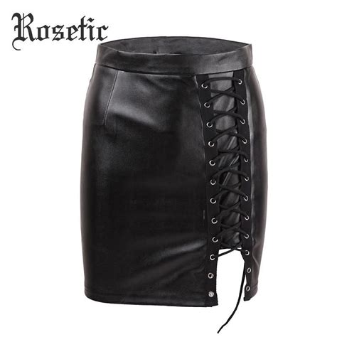 rosetic gothic bodycon skirt black sexy women fashion mini skirt lace up pu leather club short