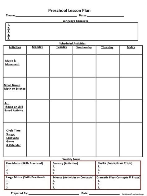 lesson plan template weekly prescool plannar   calendar
