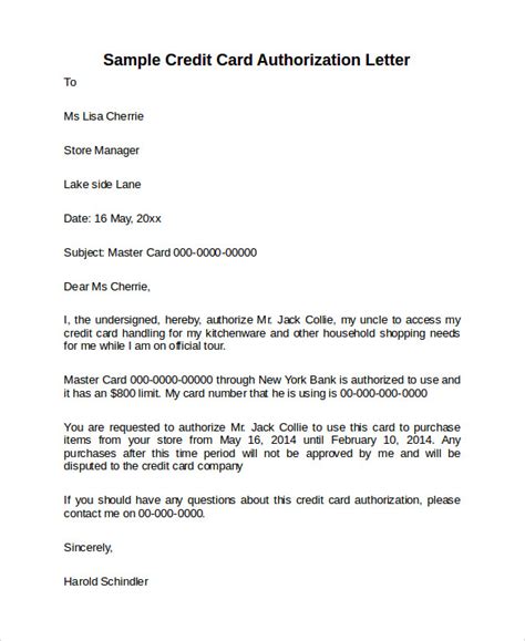 credit card authorization letter templates   ms word