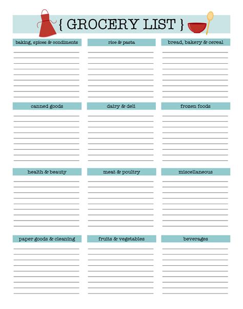 grocery list template excel