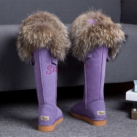 chic womens tall fur boots suede winter flat knee high boots