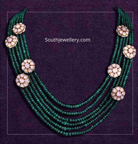 Multi Strand Emerald Beads Necklace With Uncut Diamond Motifs