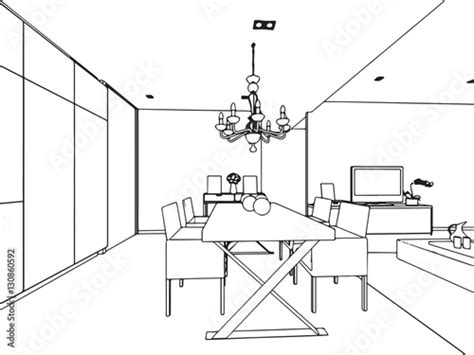 outline sketch drawing interior perspective  house stock image