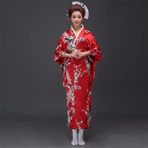 red peafowl japanese kimono womens polyester satin kimono yukata