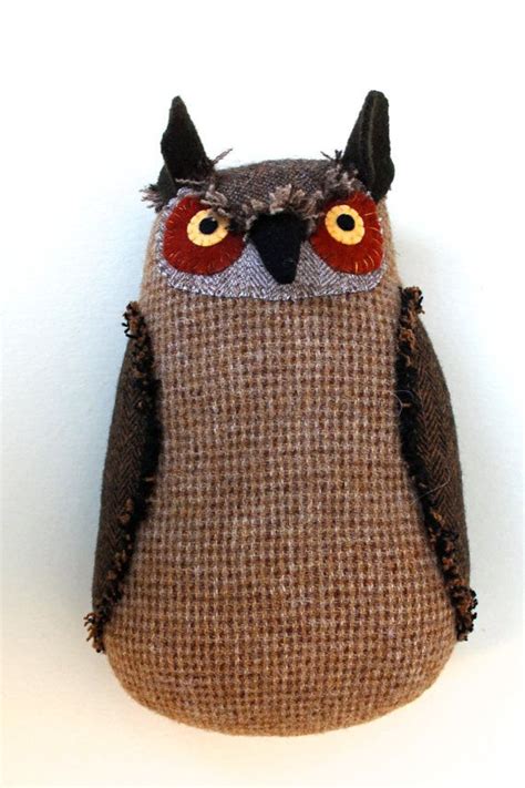brown tweed wool owl doll pillow plush softie etsy