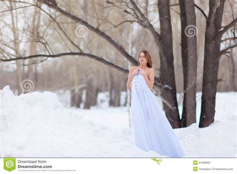 Naked Girl In Winter Forest Stock Image Image Of Cheerful Adult