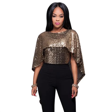 woman lady black sequin tops blouse fashion bling batwing sleeve gold sequined shirt top