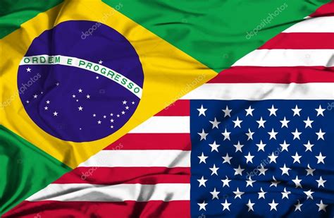 Waving Flag Of United States Of America And Brazil — Stock