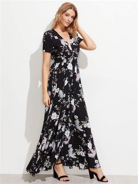 Floral Print Drawstring Waist Maxi Dress With Fringe Shein Sheinside