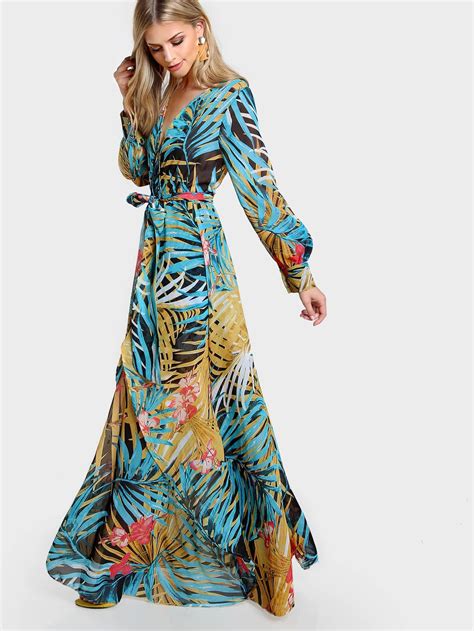 Long Sleeve Tropical Print Maxi Dress Black Blue Shein Sheinside