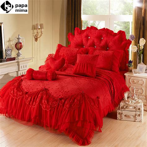Red Luxury Jacquard Silk Princess Bedding Set 4pcs Silk Lace Ruffles