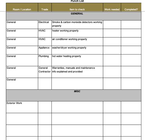 punch list templates   word excel  templates art