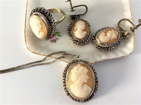vintage cameo set necklace earrings ring mid century jewelry demi parure  piece jewelry set