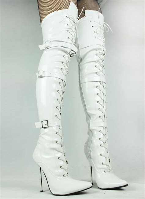 Buckle Strap Thigh High Boots Patent Leather White Over The Knee Sexy