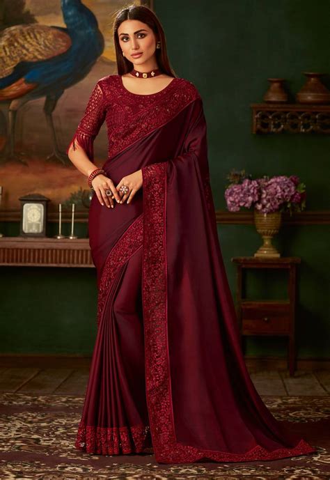 maroon embroidered silk saree  blouse lilots