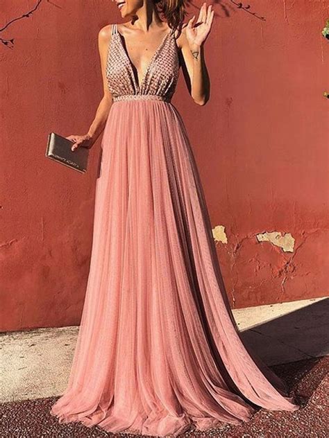pink pleated glitter backless deep v neck long coral