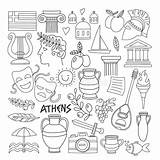 Ancient Coloring Food Pages Greece Vector Travel Doodle Elements Wine History Music Style Parthenon Stock Illustration sketch template