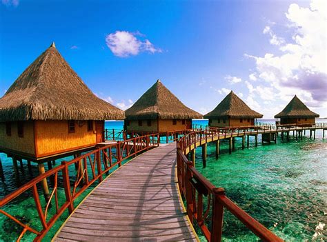 tropical bungalows glow sunny bonito clouds sea maldives bahamas