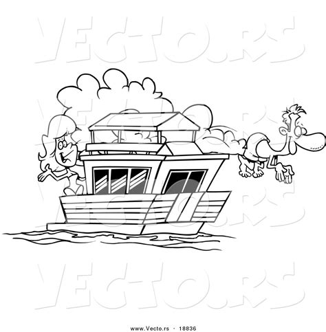 vector   cartoon couple   house boat outlined coloring page