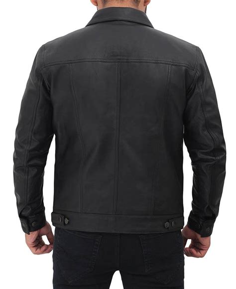 mens black leather trucker jacket shirt collar style buy