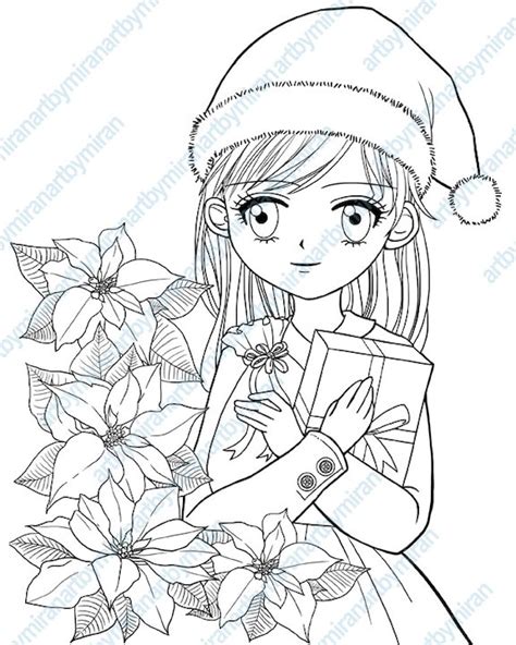 christmas digital stamp poinsettia  girl coloring page