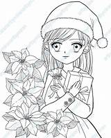Coloring Christmas Girl Stamp Poinsettia Drawing Digital Anime Manga Xmas Kids Printable Getdrawings Book Instant Colorings sketch template
