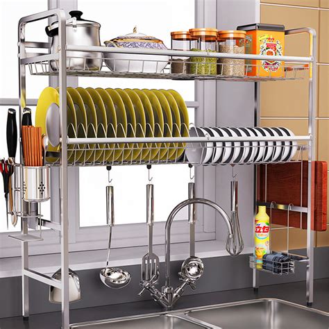 stainless steel  tier dish drying rack  sink drainer shelf storage rack kitchen cutlery