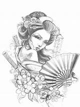 Geisha Tattoo Coloring Drawing Asian Girl Tattoos Pages Adults Sketch Japanese Voor Volwassenen Kleuren Girls Women Drawings Chinese Paintingvalley ลาย sketch template