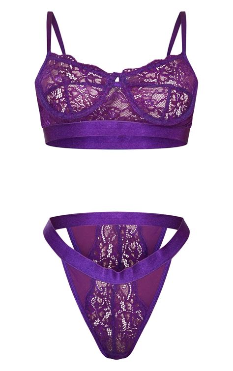 Purple Delicate Lace Underwired Bra And Knicker Set Prettylittlething
