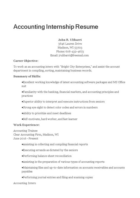 internship accounting resume sample templates  allbusinesstemplatescom