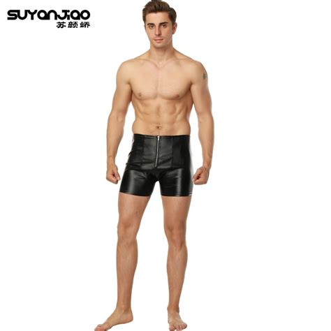 black faux leather sexy mens fetish spankings butt panty shorts male