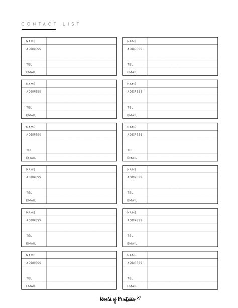 contact list templates     styles world  printables