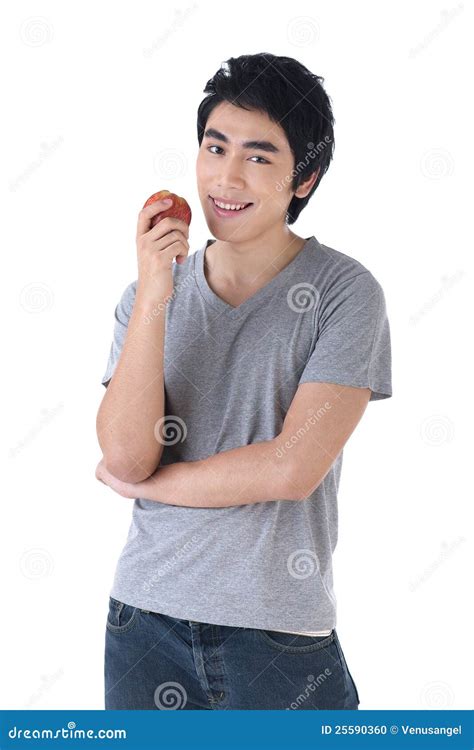 man holding  apple  happily stock photo image  model body