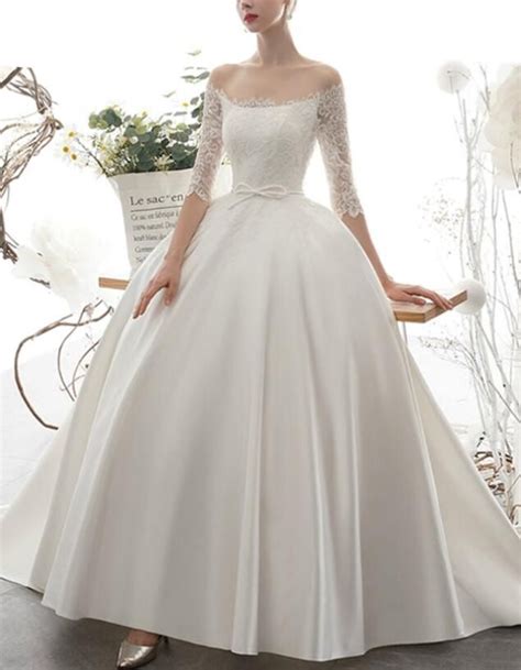 white ball gown satin bridal dressescharming lace   shoulder backless wedding dresses