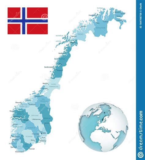 bestuurlijke blauwvintonijnkaart voor noorwegen met landvlag en locatie op een wereldbol vector