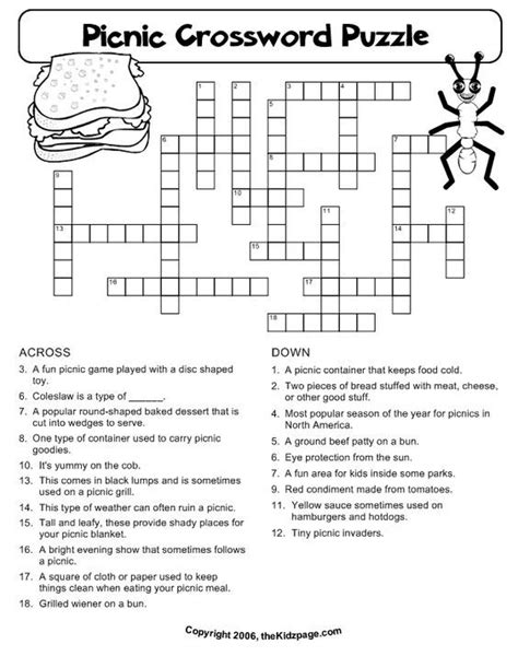 picnic crossword puzzle  printable learning activities  kids