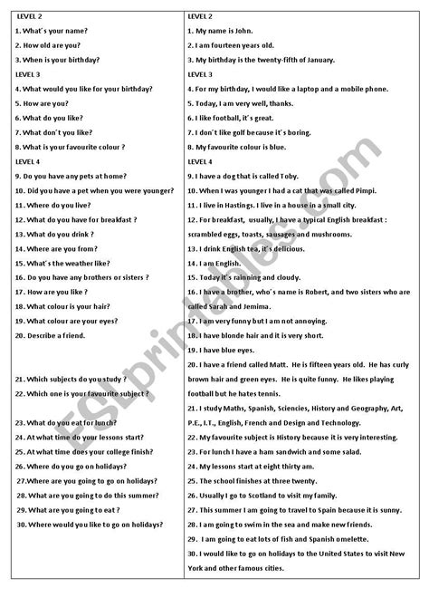 speaking test questions esl worksheet  mariola