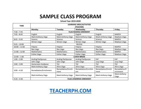 deped sample class program  teachers schedule teacherph
